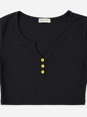 Womens Black Ribbed Henley Crop Top with Yellow Buttons